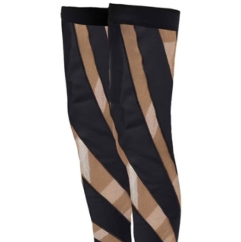 Over-the-Knee Striped Thigh High Boots - Black & Tan Illusion Mesh Heels - Picture 9 of 13